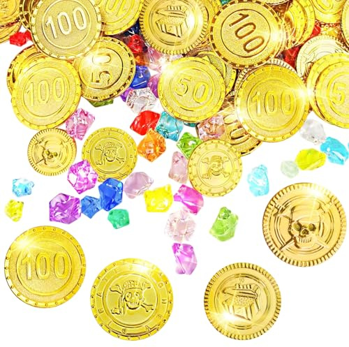 Samulee 325 piezas de tesoro pirata, 125 monedas de oro y 200 piedras preciosas, decoración pirata para Halloween y cumpleaños de adultos