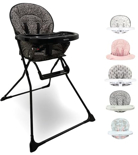 My Babiie MBHC1 Compact Highchair – Ultra Lightweight (5kg), Foldable, Easy Clean, Padded Seat, Footrest, Tray Cup Holder, for Toddler, from 6 Months to 3 Years (15kg) – Black Leopard