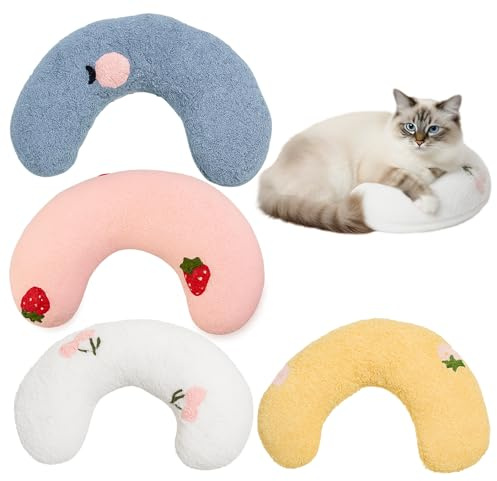 JazRvr 4 Stück Katzenkissen Set mit Baldrian, Weiches Katzenbett in Pink/Blau/Weiß/Gelb - für Haustierkissen Katzenkissen Plüsch zum Schlafen Ausruhen Spielen