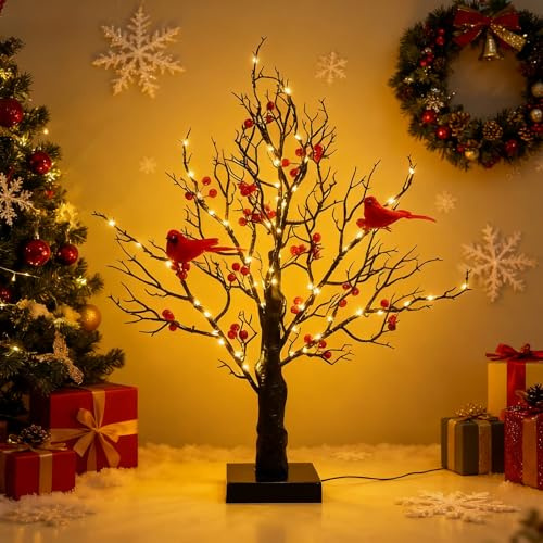 White Christmas Tree with Lights, 21inch Mini Birch Twig Tree Ornament with Red Bird and Holly Berries, USB Battery Operated Light up Twig Tree for Home Party Wedding Christmas Decoration (black)