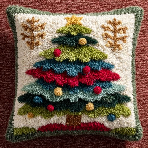 Henypt Knüpfkissen Set Weihnachtsbaum Latch Hook Kissen Kit Knüpfteppich Knüpfpackung Set, Sofakissenbezug,DIY Kissen Knüpfset Mit Anleitung 43X43cm