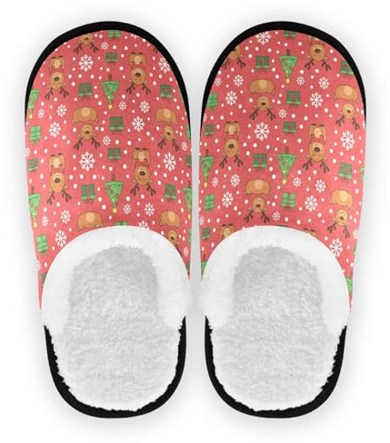 GuoChe hemskor för män kvinnor luddig fleece halkfri sula luddig mjuka husskor inomhus utomhus vinter sovrum M, Julrött renträd mönster, Large
