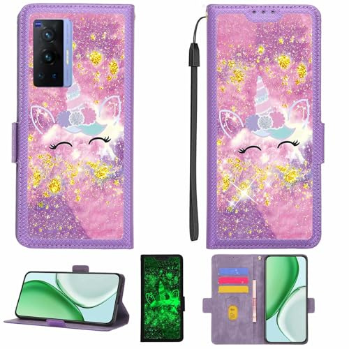Kinetijy Coque Compatible pour Vivo X70 Pro Coque Étui Housse Case Support [avec Film Protecteur HD d'une dureté de 9H] [Blocage RFID][Paillettes dorées + Brillantes] LPT-DJS