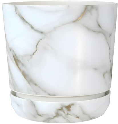 KORAD Marble Effect Medium Matt Plastic White Plant Pot + Saucer Tray for All Indoor House Plants - Flower Planter Available in 7 Sizes (White Marble, 18 cm - 7.1 inches)