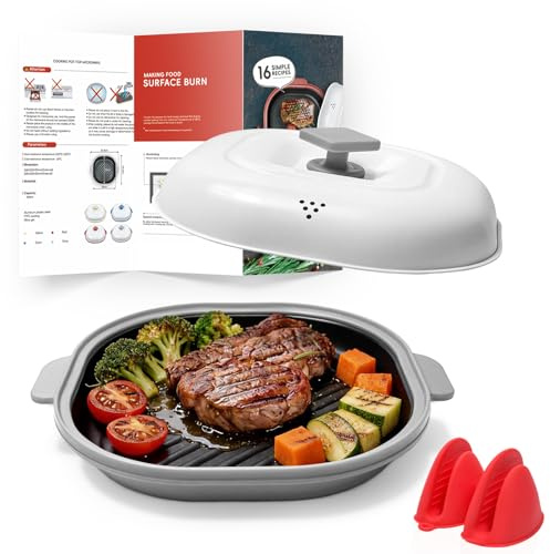 Microwave Grill Pan with Lid,Microwave Pan with Non-Stick Plates, Microwave Bacon Cooker for Grilling,and Roasting, Perfect for Potatoes,Bacon,Steaks,and Chicken,Quick and Easy Cleanup (Grey)