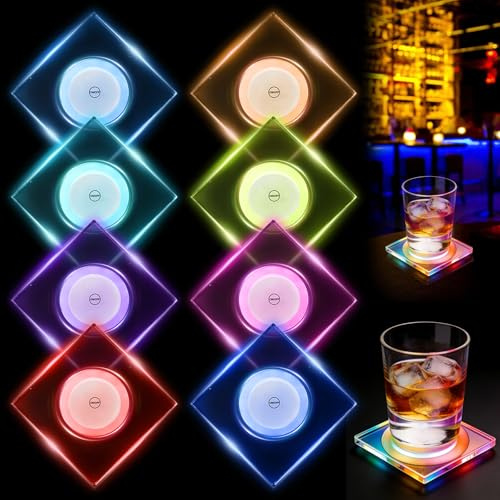 8 Stück LED Untersetzer quadratisch aus Acryl – Bunt LED Untersetzer Leuchtende mit 7 Lichtmodi & wasserdicht – Leuchtende Untersetzer für Gläser, Partys, Hochzeiten, Bar & Weihnachten