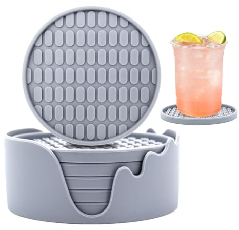 6 Piezas Posa Vasos Mesa Redondos, Funda de Transporte para Posavasos de Silicona, Posavasos para Bebidas Calientes o Frías, Antideslizante Posavasose con Soporte, para Cócteles, Café, Bebidas (Gris)