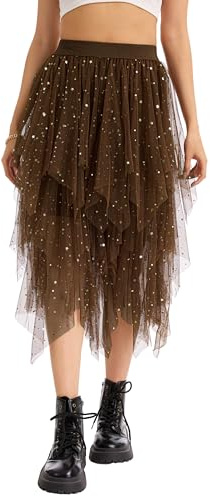 Sopesil Gonna Tulle Donna Paillettes tutù Asimmetrico a Strati Midi con Vita Elastica e Linea A Adatta per Carnevale Halloween Feste e Concerti Marrone Scuro,S-M