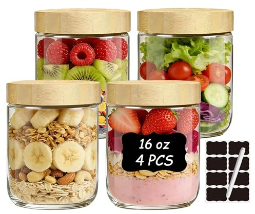 twoant Overnight Oats Gläser 4×500ml Einmachgläser mit Bamboo Deckel Schraubdeckel Meal Prep Gläser mit Etiketten & Stift，für Hausgemachte Marmelade,Joghurt,Pudding,Einlegen
