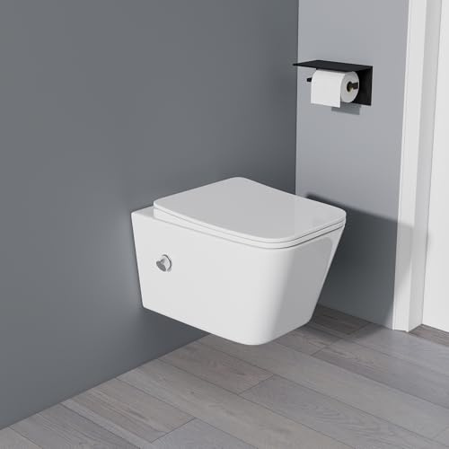 Yishang Dusch WC mit Integrierter Düse, Hänge WC Spülrandlos, Toilette mit Bidet Funktion, Taharet WC mit Nano, Toilettendeckel mit Absenkautomatik, Kalt-/Warm Wasser, Weiß, Rechteckige