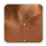 WATEFOER Collier Longue en Y pour Femme, Colliers Lariat délicat Plaqué Or 14k avec Pendentif en Zircone Collier Long en Étoile Feuille Bijoux Cadeaux pour Vacances d'été Noël