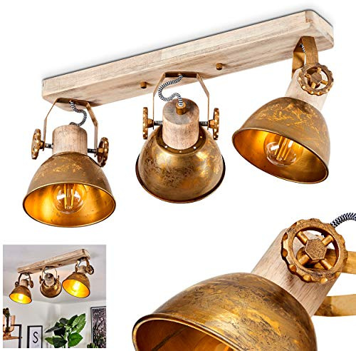 HOFSTEIN Deckenleuchte Orny, verstellbare Deckenlampe aus Metall/Holz in Bronze-/Naturfarben, moderne Leuchte im Industrial/Retro/Vintage-Design, 3 x E27, Wohnzimmer, Esszimmer, Schlafzimmer, Küche