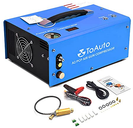 TOAUTO A2 PCP Air Compressor, Auto-Stop, Portable 4500Psi/30Mpa, Oil/Water-Free, 8MM Quick-Connector HPA Compressor for Paintball/PCP Air Rifle/Scuba Tank, Powered by Home 110V AC or 12V Car DC（Blue）