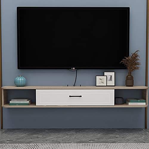 CENAP Schwimmender TV-Schrank, wandmontierter TV-Schrank mit Einzelschublade, Clamshell-Design mit Drahtlöchern, geeignet für Projektor, Kabelbox, Spielekonsole/D / 120 cm