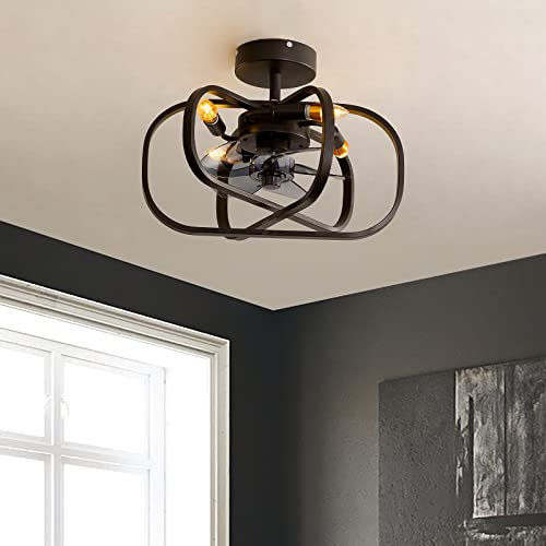 Ventilatore da soffitto a gabbia a basso profilo con luci remote DC Industriale Ventilatore da soffitto retrò Lampadario Silence E14 Timer base Modalità inverno ed estate Ventola vintage per studio ca