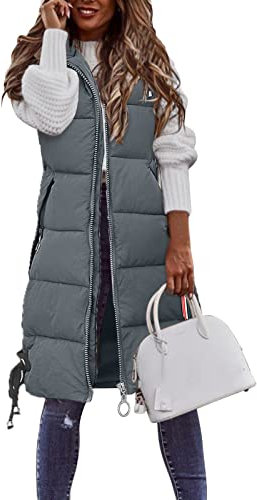 Lang Jacke Weste Damen, Daunenweste mit Kapuze Winter Warm Longweste Ärmellose Lange Steppweste Leicht Winterjacke Winterweste Daunenmantel Daunenjacke Outdoor Puffer Jacke Mäntel Winterweste