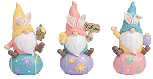 VALERY MADELYN 3 Stück Gartenzwerge Ostereier für Osterdeko,Muttertagsgeschenk,Gartendeko Figuren mit Willkommensschild für Frühlingsdeko,Tischdeko,Ostern Geschenke,14cm,Rosa Blau