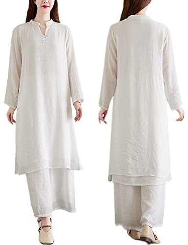 Generisch Damen Film- und Fernsehuniform, Tai-Chi-Kleidung, Kampfsportanzug, Yoga-Kleidung, Sommer-Meditationskleidung, Zweiteilige lose Zen-Kleidung für Damen,White-M (White L)