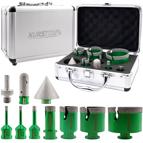 KURSTOL Tile Hole Saw Kit - Diamond Core Drill Bits 6/6/8/20/35/50/68MM+20MM Finger Milling Bit+50MM Beveling Chamfer Bit +Triangle Adapter to M14 thread for Porcelain Ceramic Tile Granite Marble