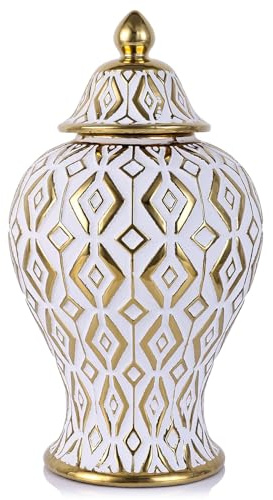 QIANLING 12.6 White and Gold Ceramic Ginger Jar Vase with Lid - Modern Luxury Ceramic Ginger Jar Decorative Vase for Home Decor