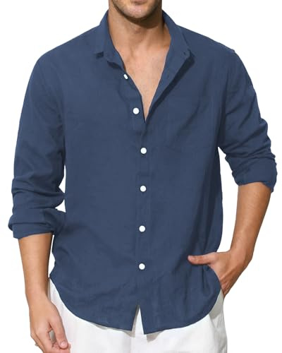 Enlision Dusky Blue Linen Shirts Men Long Sleeve Shirt Button-Down Haze Blue Henley Cotton Casual Summer Beach Party with Pocket XL