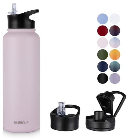 MURBONE Insulated Water Bottle, 1.2L Stainless Steel Drink Flask with Straw, BPA Free, 2 Lids (Straw Lid and Spout Lid), Leakproof Double Walled Vacuum Water Bottle, Pink