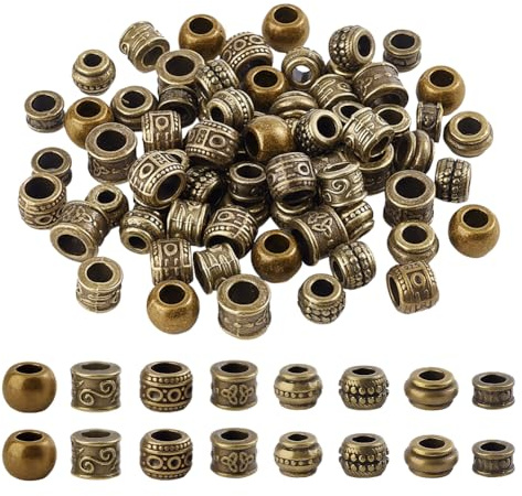 NBEADS 80 Stück Tibetischer Stil Großloch-Perlen, 8 Stile Afrikanische Haarperlen Legierung Europäische Abstandshalter Perlen für Armband Halskette DIY-Schmuck Machen, Antike Bronze, Loch: 4,5-6mm