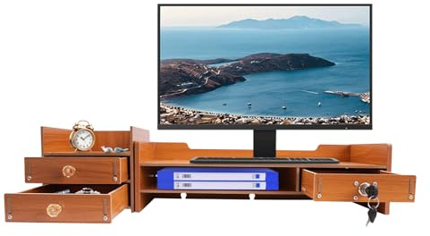 DGJMuu Monitor Stand Riser, monitorstativ med låda, justerbart monitorställ trä med enskilda fack för PC bildskärm bärbar dator skrivare