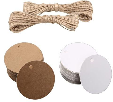 Etichette in Carta Kraft,200 Pcs Tag Regalo Etichetta Rotonda con Spago in Juta Marrone e Bianco Carta Regalo Targhette Personalizzate Tag Regalo Rotonde Vuote per Decorazioni Regalo,Segnali,Ecc.