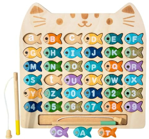 Naqqios Magnetisches Angelspielzeug, magnetisches Angelset, niedliches Angelset aus Holz in Katzenform, Angelspielzeug für Kinder mit 2 Stangen, Lern- und Bildungsspielzeug C
