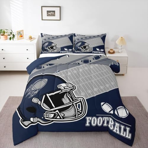 Erosebridal Football City Bedding Boys Comforter Sets Full Football Fans Gamer Room Decor for Boys,Rugby Sports Quilt Duvet Gifts for Kids Teen Men Navy Blue Grey Bed Set 2 Pcs (Dallas)
