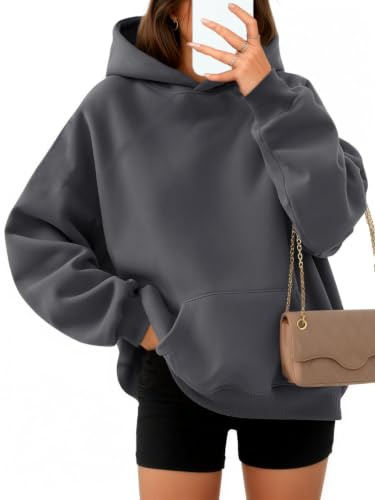 Timuspo huvtröja dam oversize bekväm bomullströja casual huvtröja enfärgad basic huva långärmad tröja med huva mode toppar höst, Mörkgrå, M