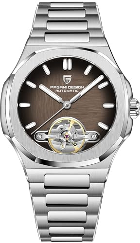 RollsTimi Pagani Design YS025 Herren-Automatikuhr Skelett-Zifferblatt Tourbillon-Stil E3251 Uhrwerk Saphirglas 100M Wasserdicht Edelstahl Luxus Sportuhr, braun / schwarz