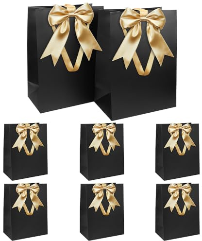 Geschenktüten Set, Schwarz Geschenktüte mit Schleife Geschenktüte mit Henkel 8 Stück 21 x 31 x 12 cm Groß Geschenktüten für Weihnachten Geburtstag Hochzeit