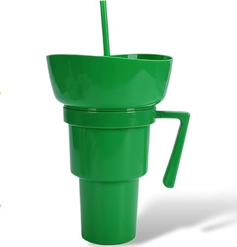 Snack and Drink Cup Combo on Top,Food Combo Drink Bowl Cup on Top,Tumbler Cups with Bowl 2-in-1 Travel Coffee Mug Proof Leakproof Portable DrinkCup,for Journey,Cinema,Home (Green)