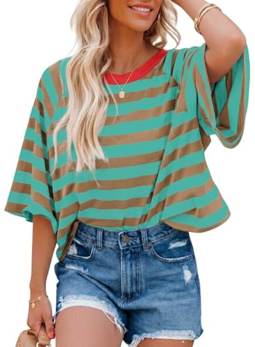 Chicrise Camisetas Manga Corta Mujer Verano Rayas Oversize Top Cuello Redondo Casual Bloques De Color Básicas Camisa