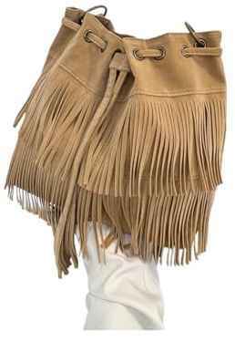 ZRHWSPD Borsa A Tracolla Con Frange In Pelle Borsa a mano con frange in finta pelle scamosciata, borsa a tracolla nappa, a secchiello(Khaki)