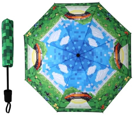 SAVITA Parapluie Pliant à Thème Pixel, Parapluie Compact et Coupe-Vent Pliable avec Housse Idéal pour Enfants et Garçons Passionnés Jeux Vidéo Cadeau d'Anniversaire Parfait