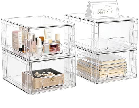 Ribech Set 4 Cassetti Organizzatori Impilabili con Divisorio – in Acrilico Trasparente per Scrivania, Trucco, Cucina, Bagno & Soggiorno