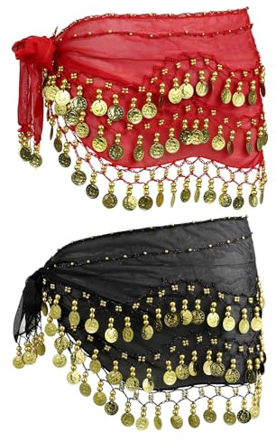 Hemobllo Bauchtanz Hüfttuch, 2 Stück Damen Bauchtanz Gürtel, Münztuch Münzgürtel Chiffon Hüfttuch mit 128 Gold Münzen Gürtel Röcke,Kostüm Rock für Lateinamerikanische Tänze