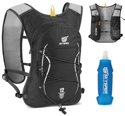 SKYSPER Gilet Idratazione 12L Zaino da Corsa con Borraccia 500ml Running Vest Traspirante Riflettente con Tasca Cellulare per Trail Running Maratona Jogging Uomo Donna