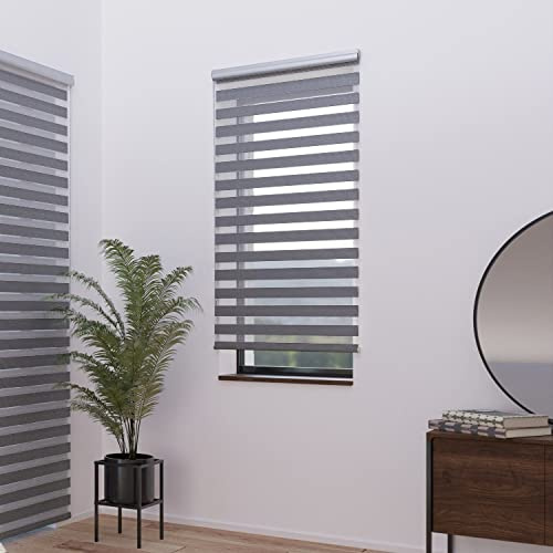 madecostore Double Roller Blind with Retractable Mechanism for Day Night Black and White 64 x H250 cm Bore Fixing with Chrome Chain