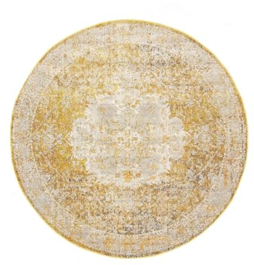 RugVista Nadia Teppich, Ø 200 cm, Gelb | Vintage, Rund, Niedriger Stapel, Nur chemische Reinigung, Oeko-Tex 100, Wohnzimmer, Esszimmer, Schlafzimmer, Küche