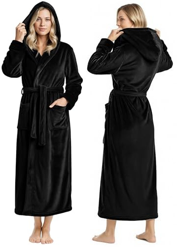 NY Threads Peignoir long en polaire à capuche pour femme, noir, Medium