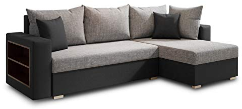 Ecksofa Lord mit Regal und Schlaffunktion - Sofa mit Bettkasten, Schlafsofa, Polsterecke, Couch L-Form, Couchgarnitur, Sofagarnitur (Schwarz + Grau (Dolaro 08 + Berlin 01), Ecksofa Rechts)