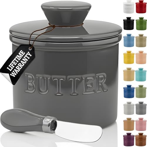 PriorityChef Butter Crock with Lid, On Demand Spreadable Butter, French Butter Keeper to Leave On Counter with Water Line, Ceramic French Butter Dish, Grey