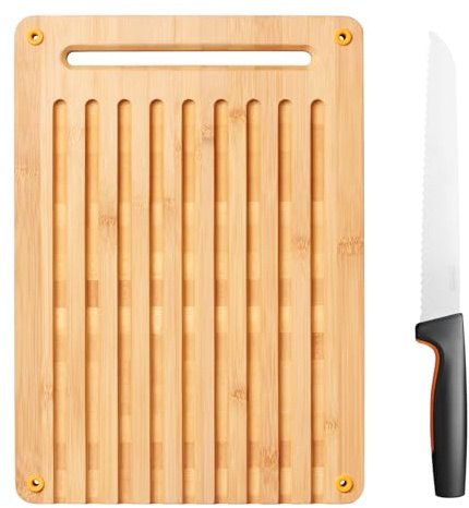 Fiskars Tabla de cortar y cuchillo para pan de bambú, Functional Form, Bambú/acero inoxidable japonés/plástico, 1057551