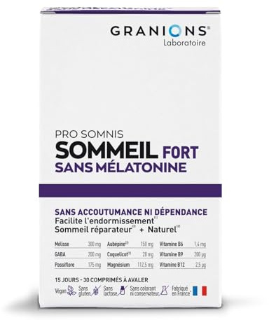 GRANIONS SOMMEIL FORT SANS MELATONINE - Magnesium, Vitamine B12, GABA, Passiflore, Vitamine B9, Vitamine B6 - Sommeil Adulte, Anti Stress, Relaxation Detente, Bien-être, 30 comprimés Fabiqué en FRANCE