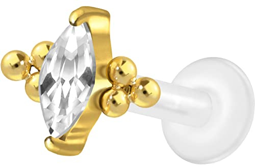 PIERCINGLINE PTFE Labret mit Gewinde Titan Aufsatz KRISTALLTROPFEN + 6 KUGELN Piercing Lippe Nase Ohr Helix Tragus Medusa Goldfarben 1,2 x 10 mm