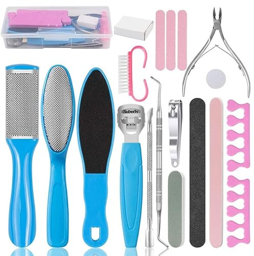 HAZELS Professionelles Pediküre-Werkzeug-Set aus Edelstahl, abgestorbene Hornhaut, Hornhautentferner, Schaber, Pediküre, Raspel, Fußpflege-Werkzeuge, Pediküre-Set (Farbe: 19-teiliges blaues Karton)